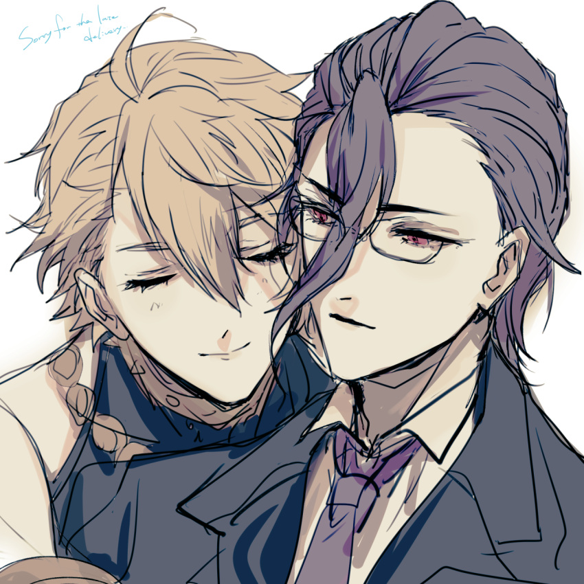 2boys, ahoge, aladdin_(sinoalice), beads, blonde_hair, blush, closed_eyes, collared_shirt, commission, coxxco12, english_text, formal_clothes, hair_between_eyes, hameln_(sinoalice), highres, hug, implied_yaoi, looking_at_another, male_focus, multiple_boys, necktie, purple_hair, purple_necktie, red_eyes, second-party_source, shirt, sinoalice, skeb_commission, sketch, smile, suit, white_background