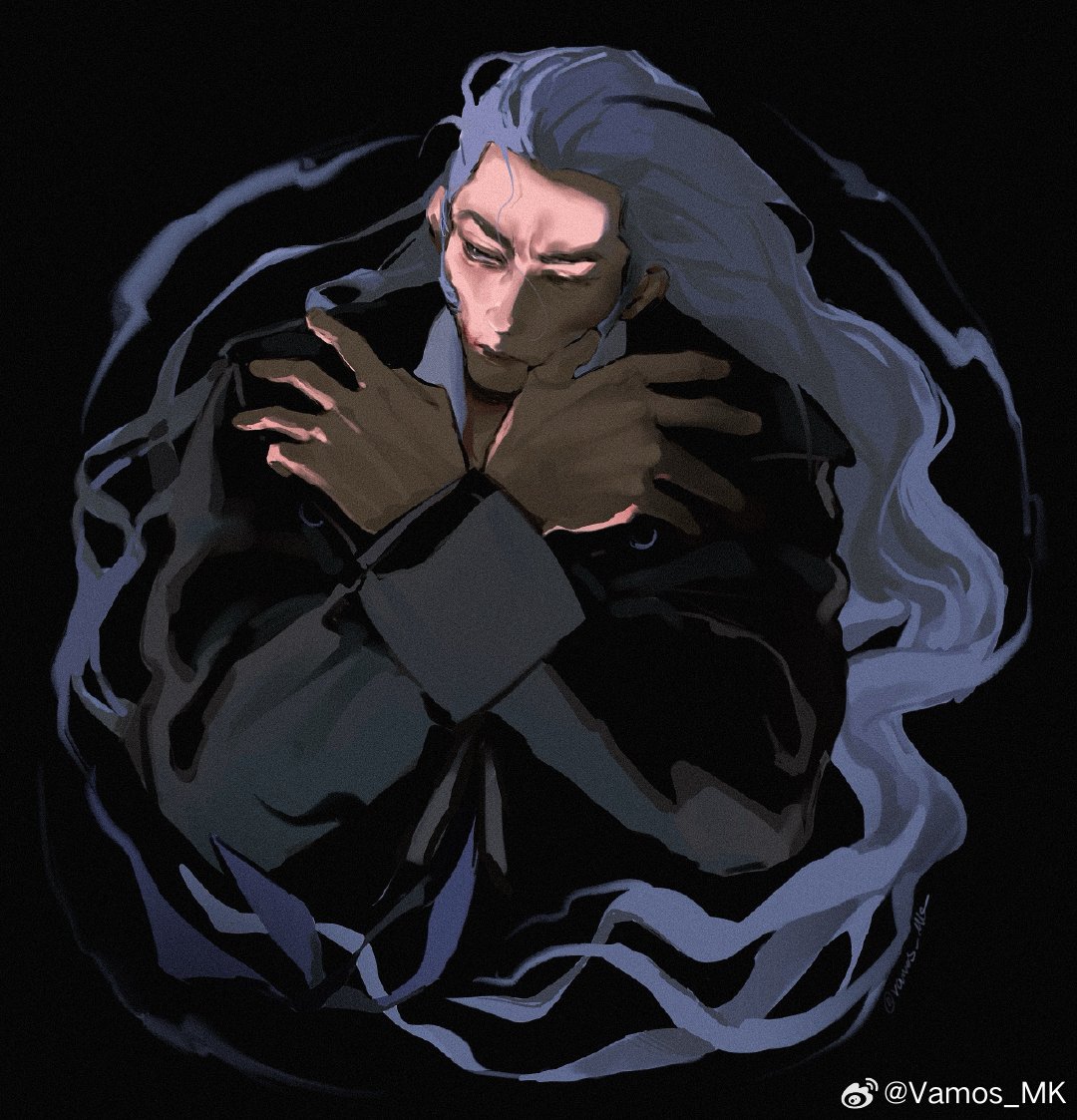 1boy, black_background, black_coat, black_eyes, closed_mouth, coat, crossed_arms, grey_hair