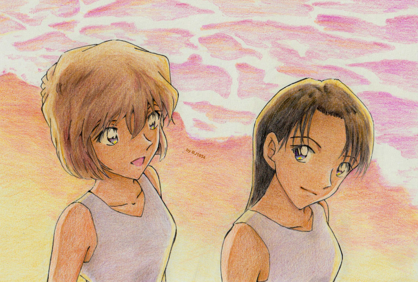 2girls, :d, artist_name, beach, bj1034_(tosashi), black_hair, blue_eyes, brown_hair, closed_mouth, collarbone, colored_pencil_(medium), dress, from_above, highres, long_hair, meitantei_conan, miyano_akemi, miyano_shiho, multiple_girls, ocean, open_mouth, outdoors, short_hair, siblings, sisters, sleeveless, sleeveless_dress, smile, traditional_media, upper_body, white_dress