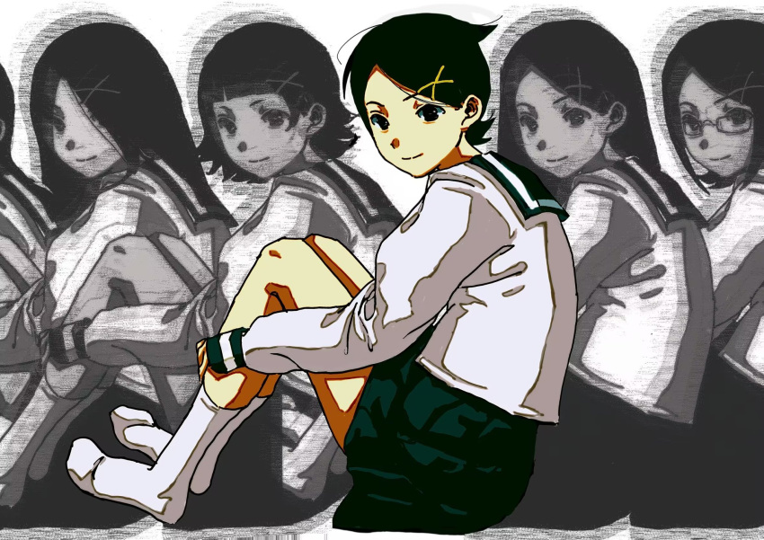 6+girls, arched_bangs, black_eyes, black_hair, black_sailor_collar, black_skirt, black_sleeve_cuffs, blouse