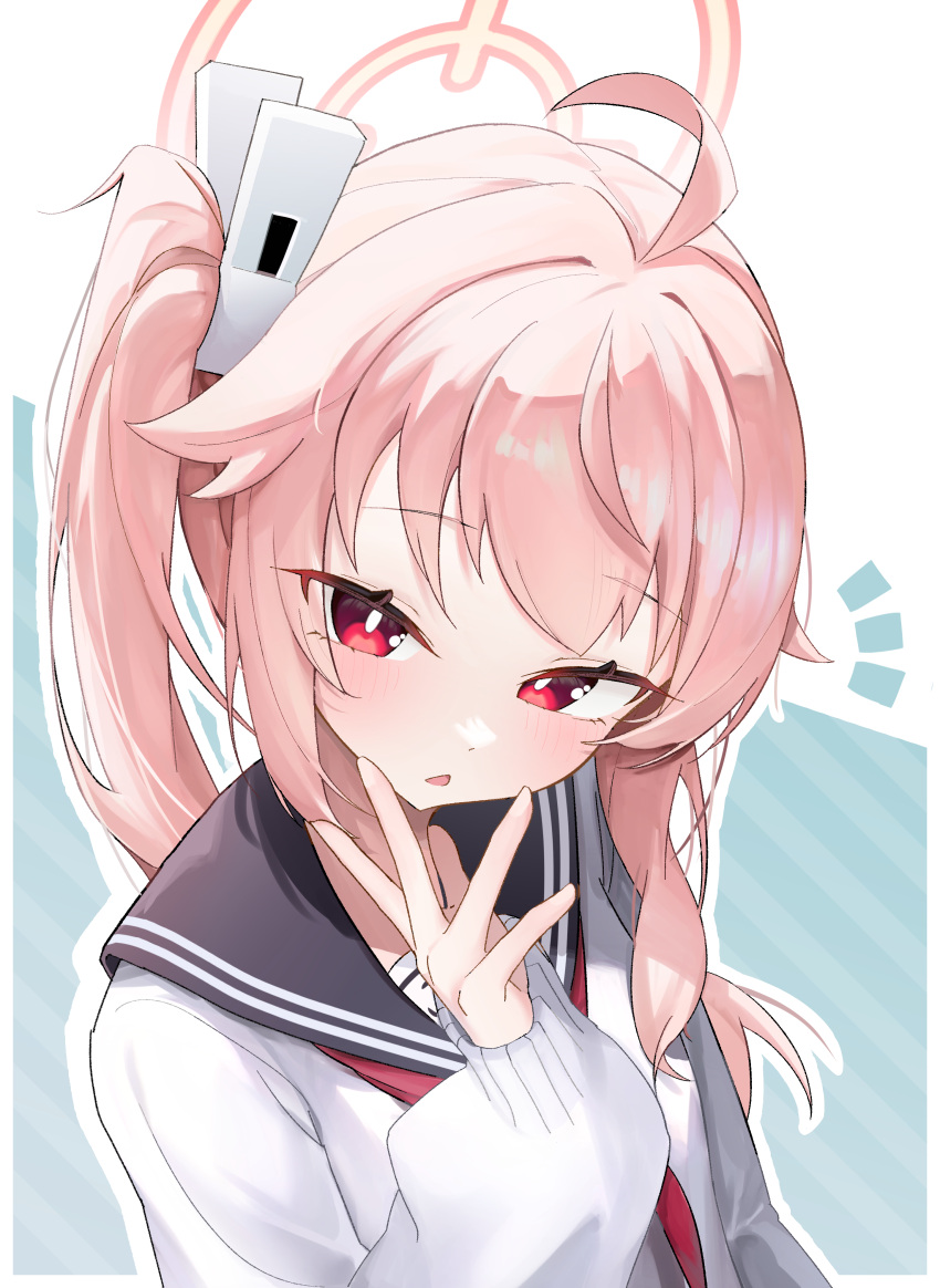 1girl, absurdres, ahoge, black_sailor_collar, blue_archive, commentary, green_background, halo
