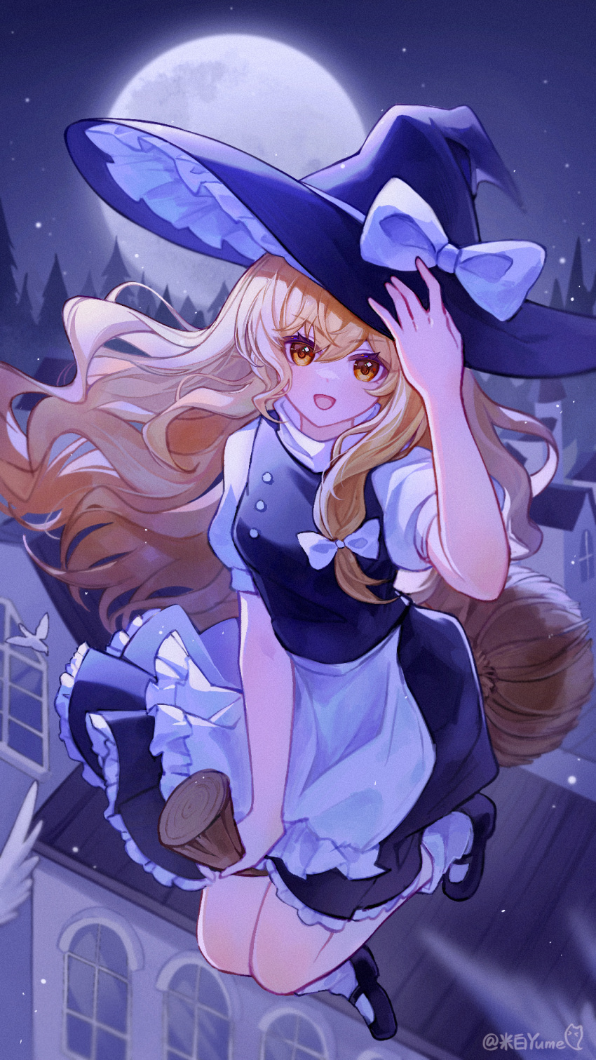 1girl, :d, apron, artist_name, black_dress, black_hat, black_shoes, black_skirt