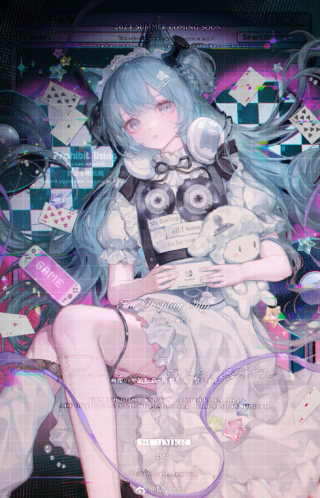 1girl, animal_ears, aqua_hair, blue_eyes, blue_hair, card, cat_ears, commentary_request