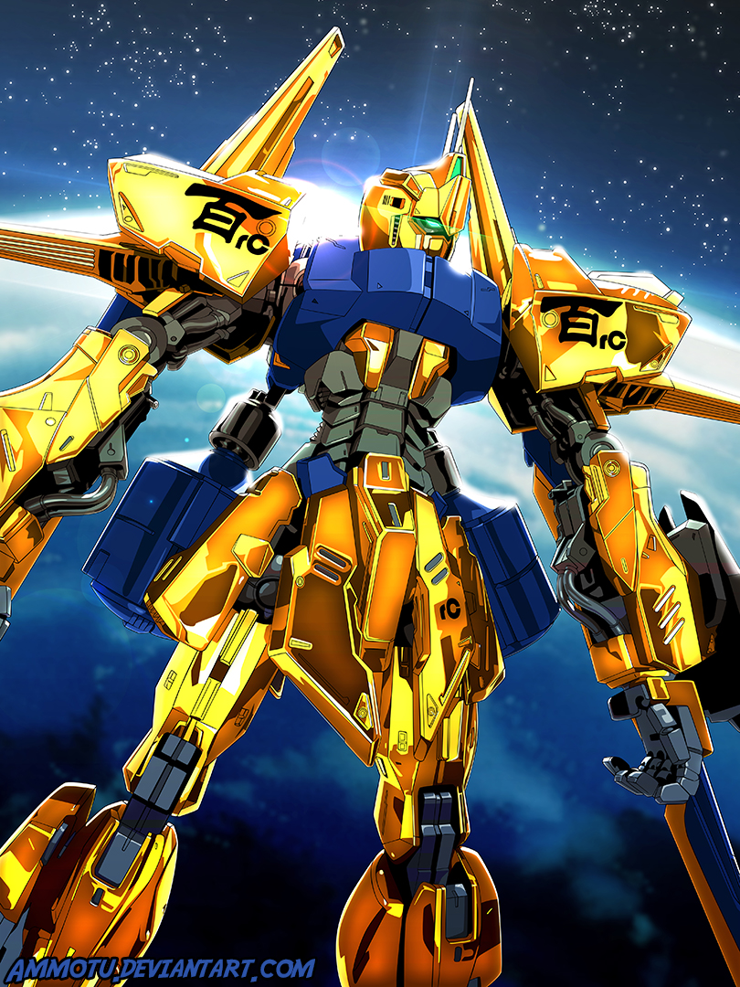 aeug, ammotu, deviantart_username, earth_(planet), english_commentary, exposed_internal_machinery, green_eyes, gundam