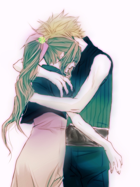 bad_id, blonde_hair, bolero, brown_hair, cloud_strife, cropped_jacket, earrings, eni_(yoyogieni), final_fantasy, final_fantasy_vii, hair_ribbon, hug, jewelry, long_hair, ponytail, ribbon, simple_background, yoyogieni