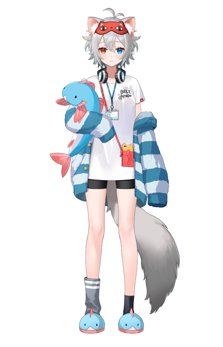 1girl, animal_ear_fluff, animal_ears, antenna_hair, asymmetrical_legwear, black_shorts, black_socks, blue_eyes, blue_jacket, blue_shoes, blush, breasts, cat_ears, cat_girl, cat_tail, cellphone, closed_mouth, frown, full_body, grey_hair, hair_between_eyes, headphones, headphones_around_neck, heterochromia, highres, holding, holding_stuffed_toy, id_card, jacket, lanyard, looking_at_viewer, madoromi_ichino, mismatched_legwear, multicolored_jacket, nima_(niru54), official_art, open_clothes, open_jacket, orange_eyes, phone, print_shirt, red_bag, shirt, shoes, short_hair, shorts, simple_background, sleep_mask, slippers, slit_pupils, smartphone, socks, solo, standing, stuffed_toy, t-shirt, tachi-e, tail, transparent_background, two-tone_jacket, vebop_project, virtual_youtuber, white_shirt