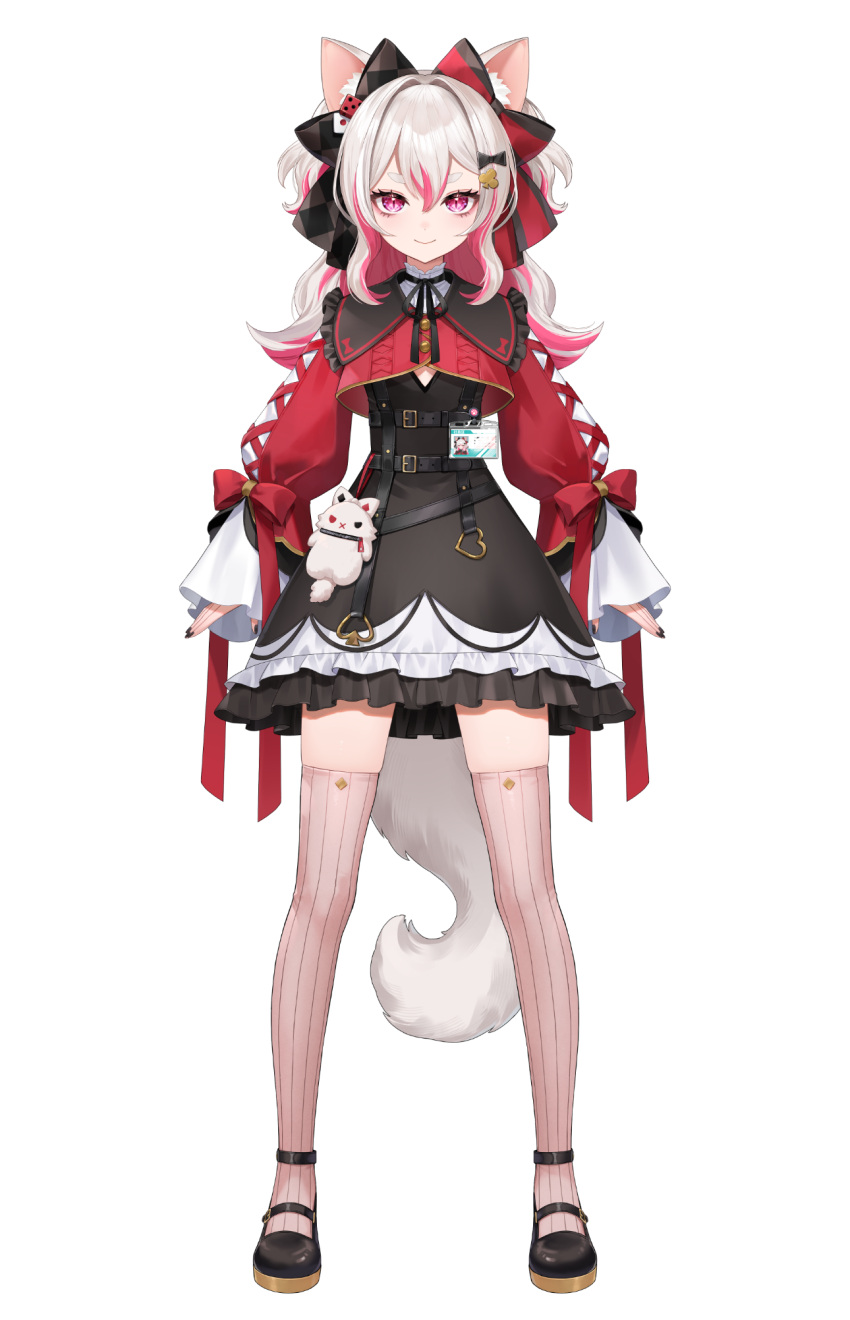 1girl, animal_ear_fluff, animal_ears, black_nails, black_ribbon, black_shoes, cat_ears, cat_girl, cat_tail, closed_mouth, club_hair_ornament, eyelashes, fingernails, frills, full_body, grey_hair, hair_between_eyes, highres, id_card, long_hair, multicolored_hair, nail_polish, neck_ribbon, nima_(niru54), official_art, pink_hair, ribbon, shoes, short_eyebrows, simple_background, sleeves_past_wrists, smile, solo, standing, striped_clothes, striped_thighhighs, sukiyabashi_renge, tachi-e, tail, thick_eyebrows, thigh-highs, transparent_background, two-tone_hair, v-shaped_eyebrows, vebop_project, virtual_youtuber, zipper, zipper_pull_tab