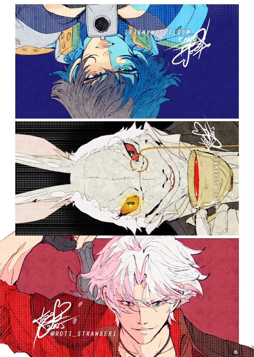 1girl, 2boys, artist_name, black_hair, coat, cup, dante_(devil_may_cry), devil_may_cry_(netflix)