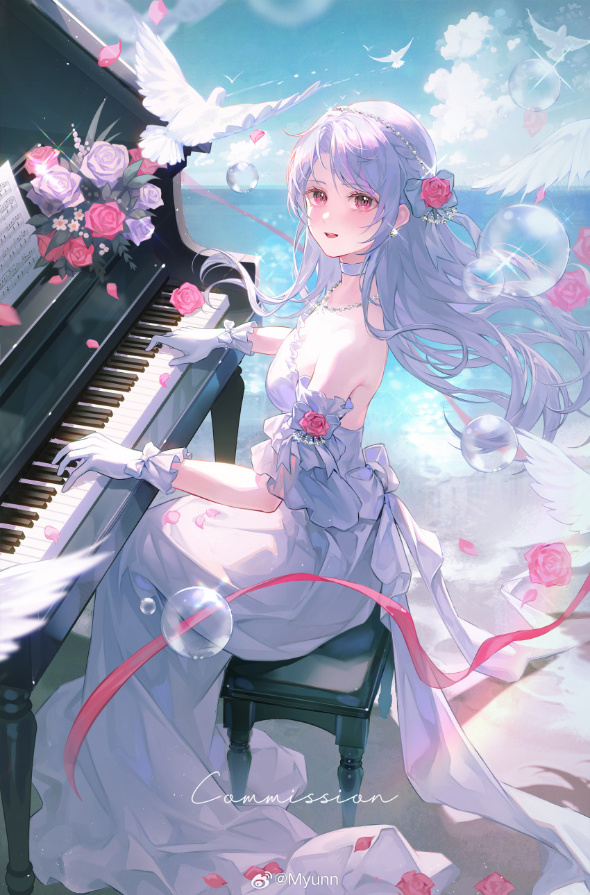 1girl, absurdres, bare_shoulders, braid, breasts, choker, commentary_request, dress, floating_hair, flower, gloves, hair_flower, hair_ornament, highres, instrument, jewelry, long_hair, looking_at_viewer, necklace, open_mouth, original, piano, ribbon, sitting, smile, solo, strapless, strapless_dress, tolu_ya, white_choker, white_dress, white_gloves, white_hair