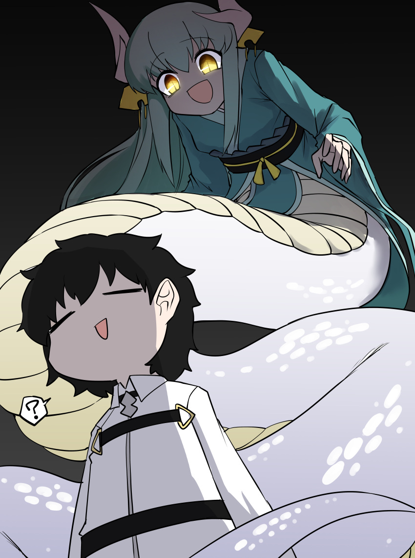 1boy, 1girl, :d, ?, absurdres, black_background, black_hair, blue_kimono, chaldea_uniform, chinese_zodiac, collared_shirt, dragon_horns, fate/grand_order, fate_(series), fujimaru_ritsuka_(male), glowing, glowing_eyes, green_hair, hair_between_eyes, highres, horns, japanese_clothes, kimono, kiyohime_(fate), lamia, long_hair, looking_at_another, monster_girl, nubebenbe, open_mouth, shaded_face, shirt, slit_pupils, smile, snake_girl, spoken_question_mark, white_horns, white_scales, yandere, year_of_the_snake, yellow_eyes