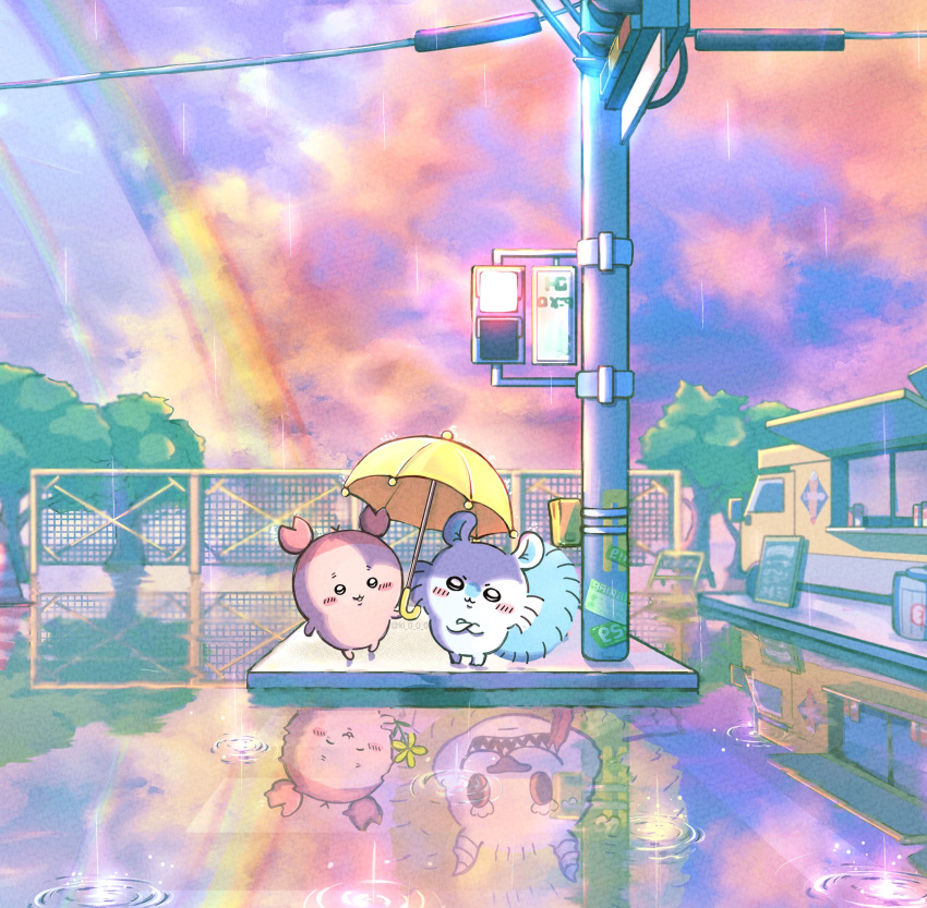 :3, absurdres, animal_ears, black_eyes, blush_stickers, chiikawa, closed_mouth, clouds