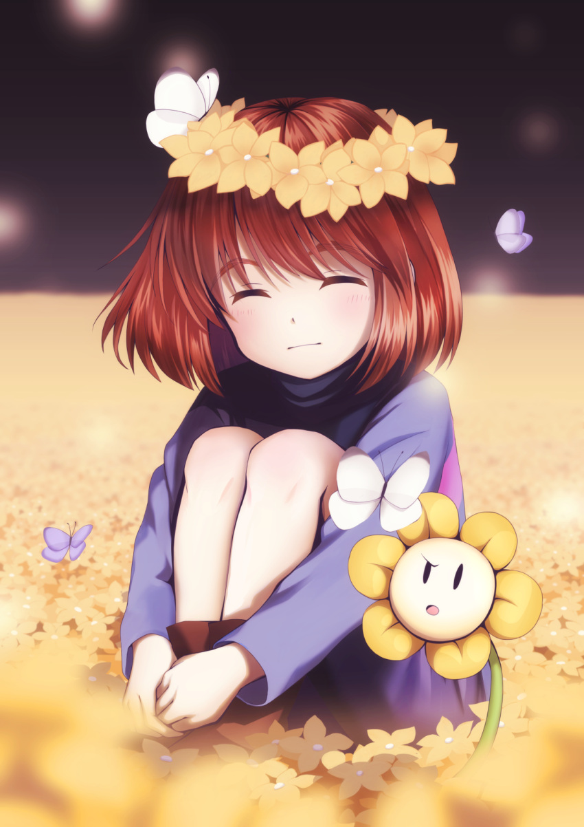 1other, :o, ^_^, ankle_boots, black_background, blue_butterfly, blue_shorts, blue_sweater, blurry, blurry_background, blurry_foreground, blush, bob_cut, boots, brown_boots, brown_hair, bug, butterfly, butterfly_on_head, closed_eyes, closed_mouth, commentary_request, facing_viewer, field, fj_0102, flower, flower_field, flower_wreath, flowey_(undertale), frisk_(undertale), full_body, head_wreath, highres, hugging_own_legs, knees_up, long_sleeves, medium_hair, open_mouth, other_focus, own_hands_together, pink_sweater, shorts, simple_background, sitting, solo, striped_clothes, striped_sweater, sweater, turtleneck, turtleneck_sweater, two-tone_sweater, undertale, v_arms, white_butterfly, yellow_flower