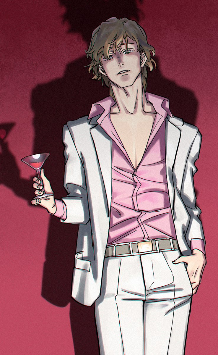 1boy, adam's_apple, baisha, belt, blonde_hair, blue_eyes, cocktail_glass, collarbone