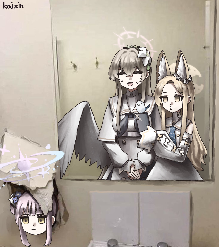 3girls, absurdres, animal_ear_fluff, animal_ears, bird, blue_archive, blue_necktie, capelet, closed_eyes, dress, feathered_wings, forehead, fox_ears, hair_between_eyes, hair_bun, halo, highres, holding, holding_phone, kai_xin, long_hair, low_wings, mika_(blue_archive), mirror_selfie, multiple_girls, nagisa_(blue_archive), necktie, open_mouth, parted_lips, phone, pink_hair, pink_halo, red_halo, sailor_collar, seia_(blue_archive), selfie, shirt, single_hair_bun, sweat, white_capelet, white_dress, white_sailor_collar, white_shirt, white_wings, wings, x_mouth, yellow_eyes, yellow_halo