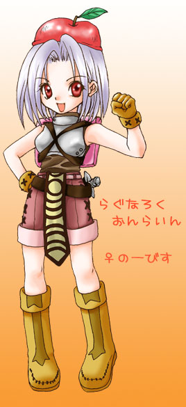 1girl, apple_hat_ornament, armor, backpack, bag, boots, breastplate, brown_boots