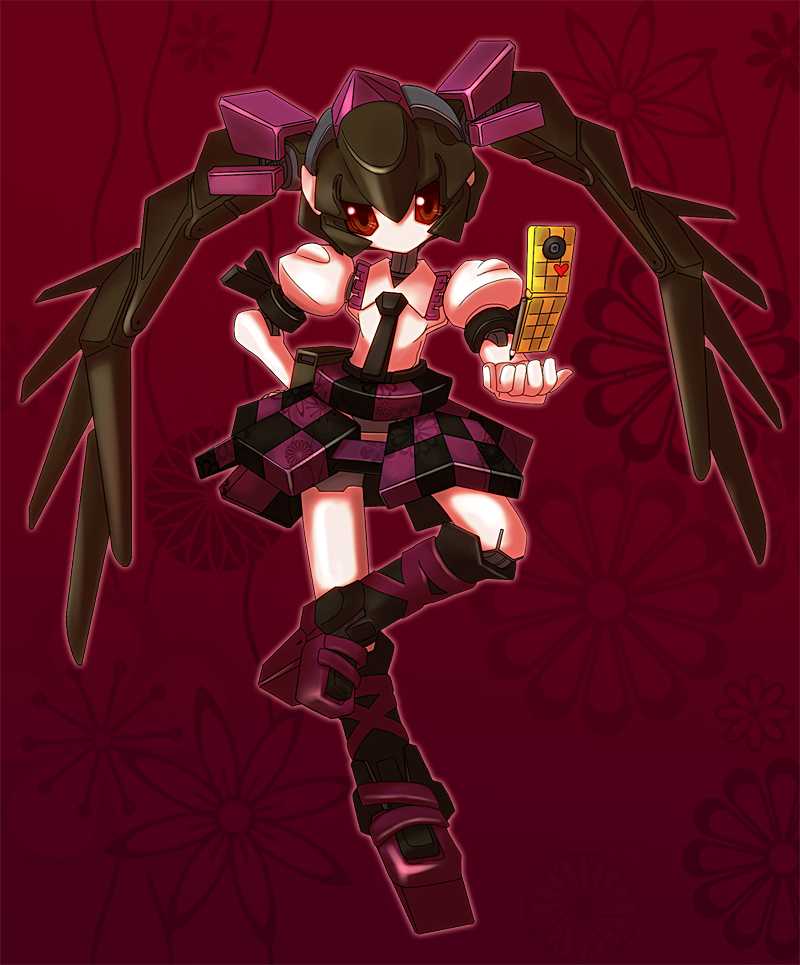 1girl, akicha, arm_behind_back, brown_eyes, camera_phone, cellphone, checkered_clothes, crossover, floating, floral_background, geta, hat, himekaidou_hatate, joints, levitation, looking_at_viewer, mechanical_hair, mechanical_skirt, mechanization, medarot, necktie, no_mouth, phone, purple_hat, robot_girl, robot_joints, solo, standing, standing_on_one_leg, tengu-geta, tokin_hat, touhou, twintails