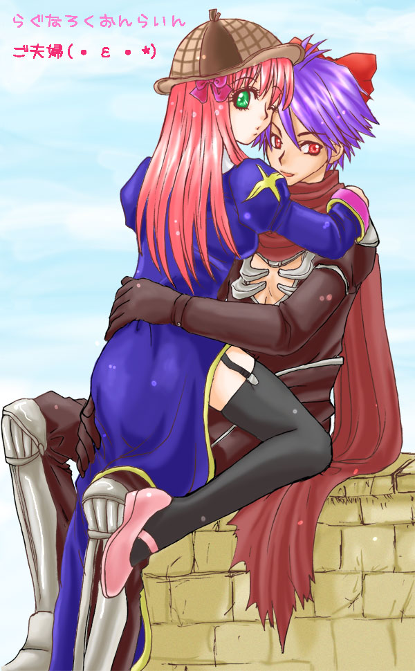 1boy, 1girl, armor, assassin_cross_(ragnarok_online), black_gloves, black_pants, black_shirt, black_thighhighs, blue_dress, blue_sky, bow, brick_wall, brown_hat, closed_mouth, commentary_request, deerstalker, dress, full_body, garter_straps, gloves, green_eyes, hair_bow, haruhana1104, hat, hetero, juliet_sleeves, long_hair, long_sleeves, looking_at_viewer, one_eye_closed, outdoors, pants, pauldrons, pink_bow, pink_hair, pink_shoes, priest_(ragnarok_online), puffy_sleeves, purple_hair, ragnarok_online, red_bow, red_eyes, red_scarf, scarf, shirt, shoes, short_hair, shoulder_armor, side_slit, sitting, sky, smile, thigh-highs, torn_clothes, torn_scarf