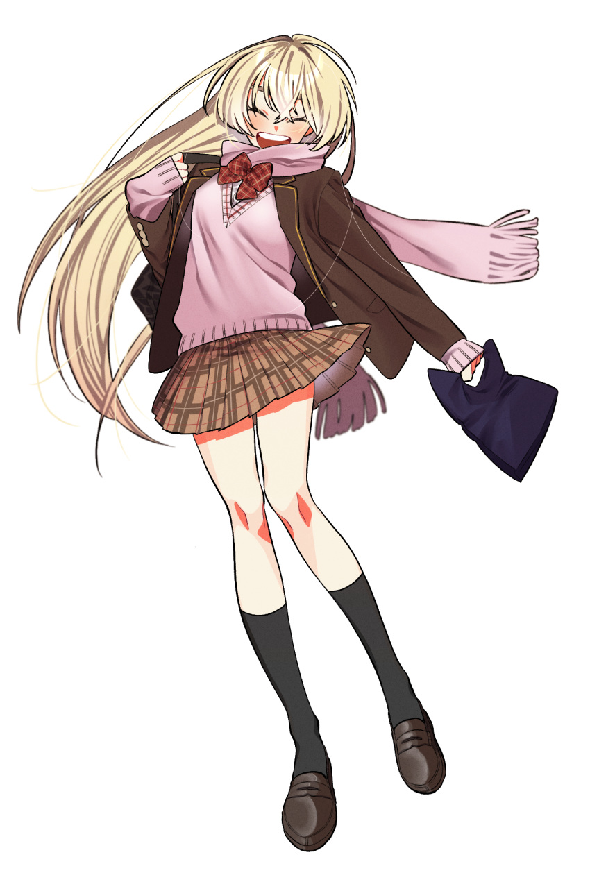 1girl, :d, ^_^, bag, black_bag, black_socks, blazer, blonde_hair
