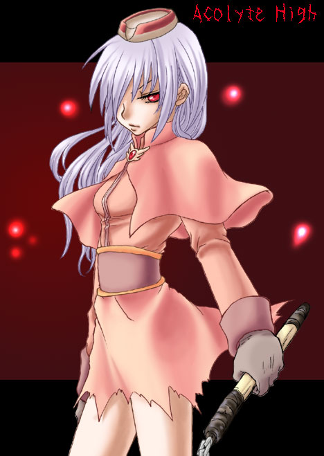 1girl, acolyte_(ragnarok_online), alternate_color, biretta, breasts, brown_shirt, capelet, character_name
