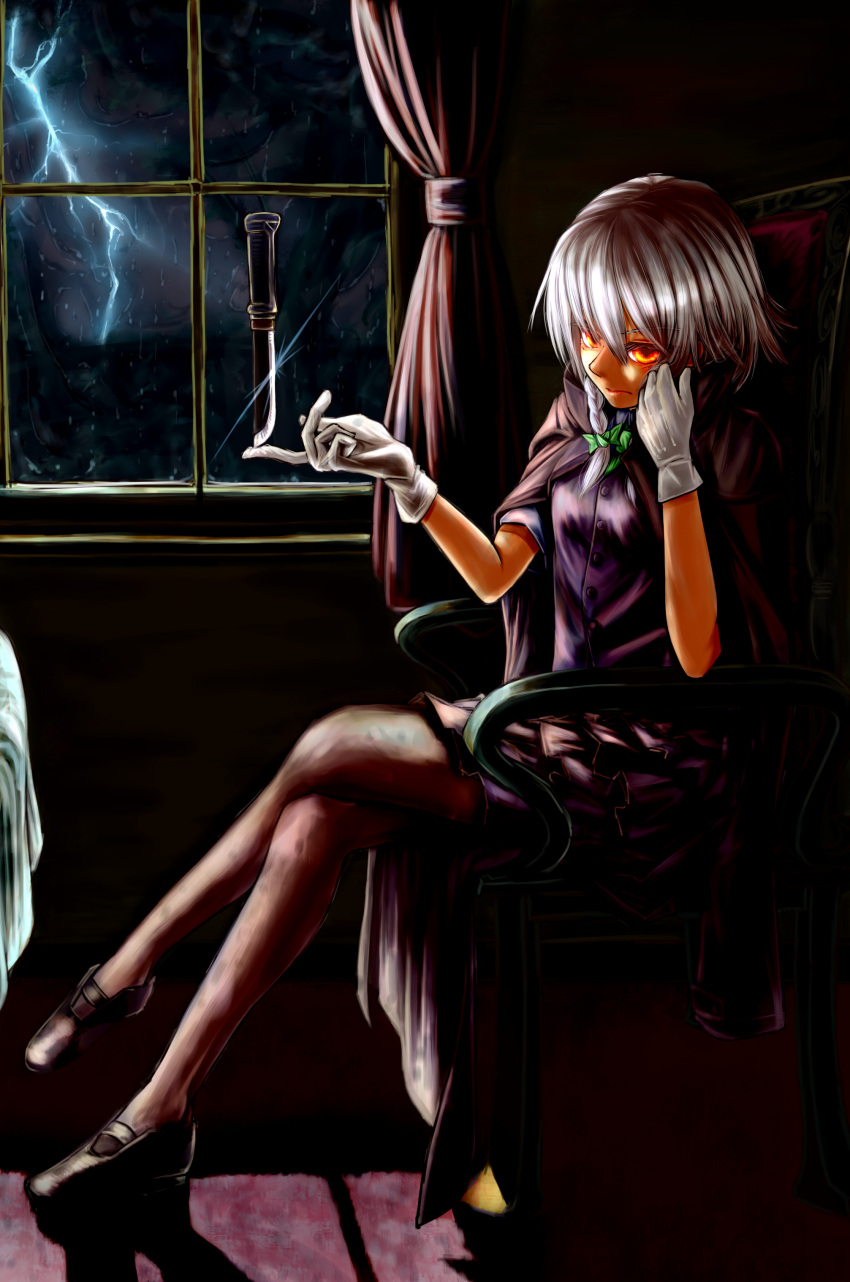 1girl, absurdres, balancing_on_finger, black_cape, black_shirt, black_shoes, bow, braid