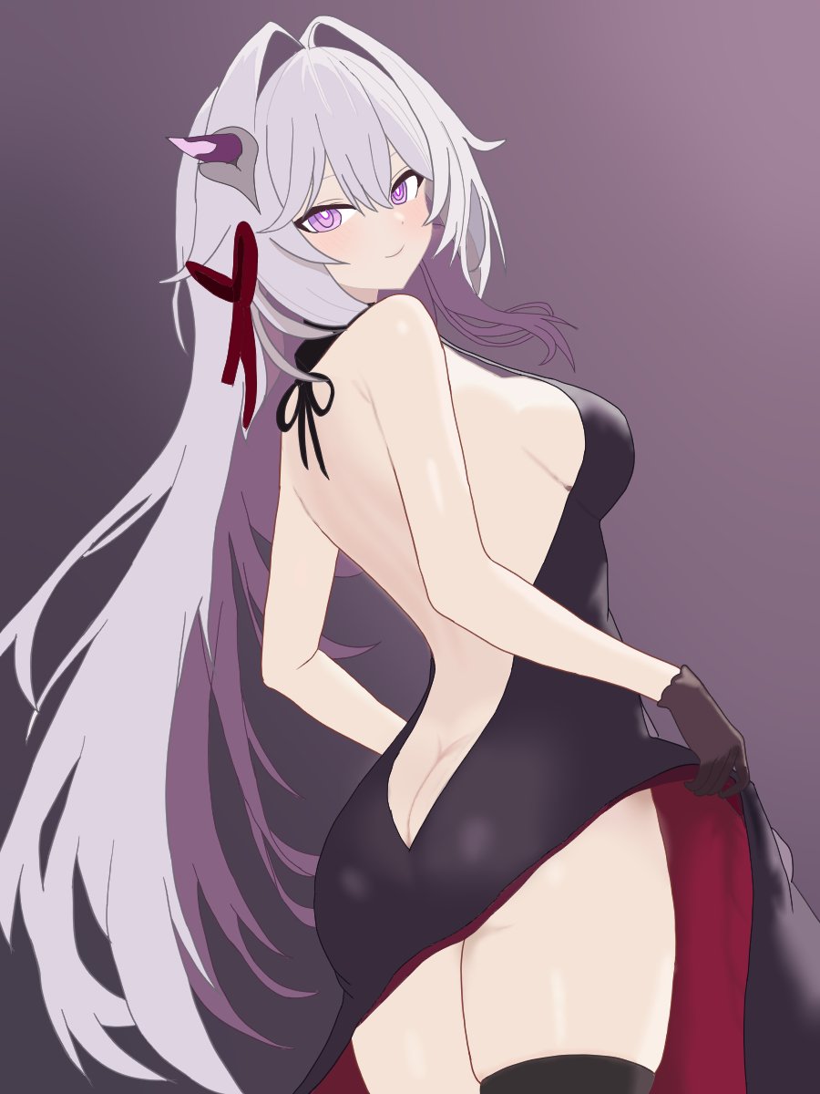 1girl, aquamarine725, bare_shoulders, bow, breasts, dress, hair_bow, hair_ornament, highres, honkai_(series), honkai_impact_3rd, large_breasts, long_hair, pink_eyes, simple_background, thelema_nutriscu, thelema_nutriscu_(mad_pleasure:_shadowbringer), white_hair