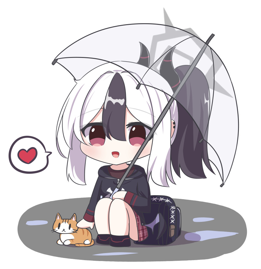1girl, absurdres, black_bag, black_hair, black_hoodie, black_horns, blue_archive, cat