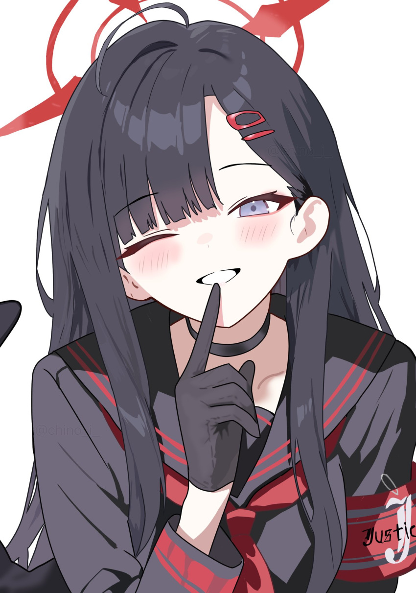 1girl, armband, black_choker, black_gloves, black_hair, black_sailor_collar, black_serafuku, blue_archive