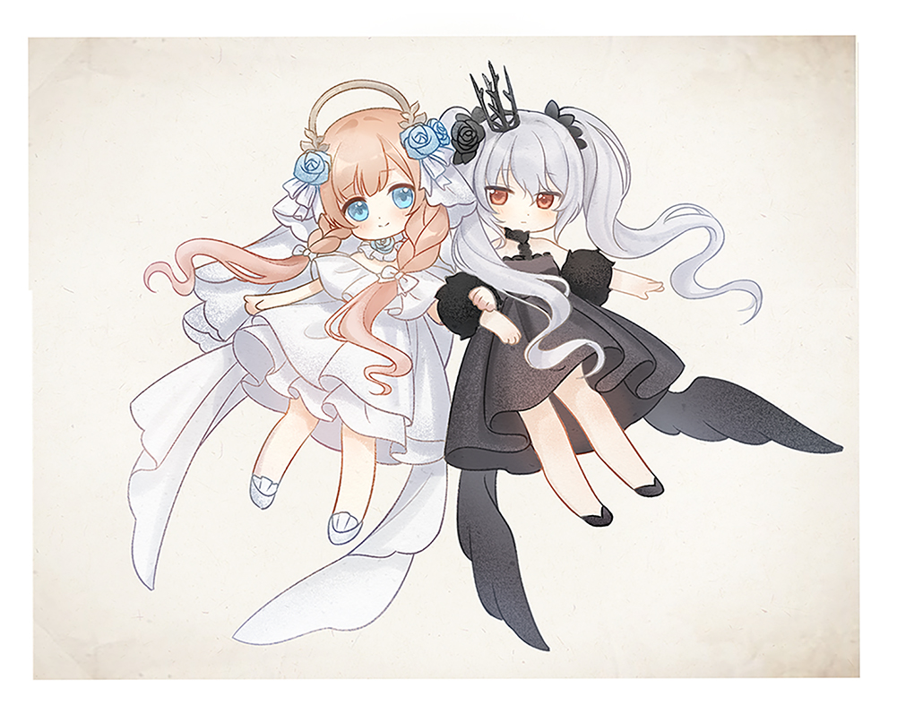 2girls, artist_request, bare_arms, bare_legs, bare_shoulders, black_choker, black_crown, black_dress