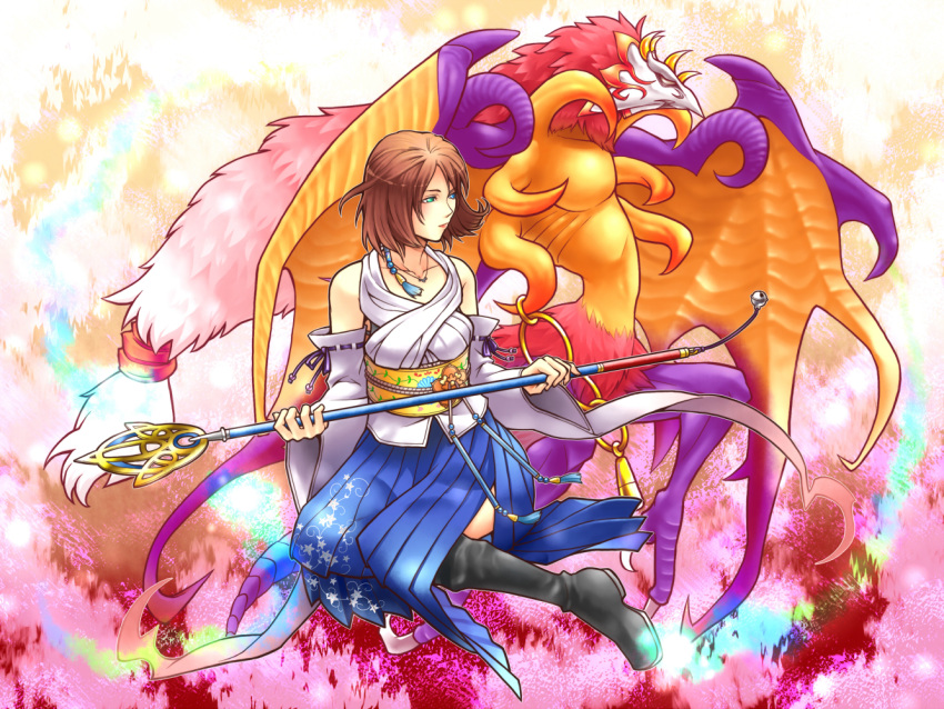 banana_gyuunyuu, boots, brown_hair, dissidia_012_final_fantasy, dissidia_final_fantasy, final_fantasy, final_fantasy_x, heterochromia