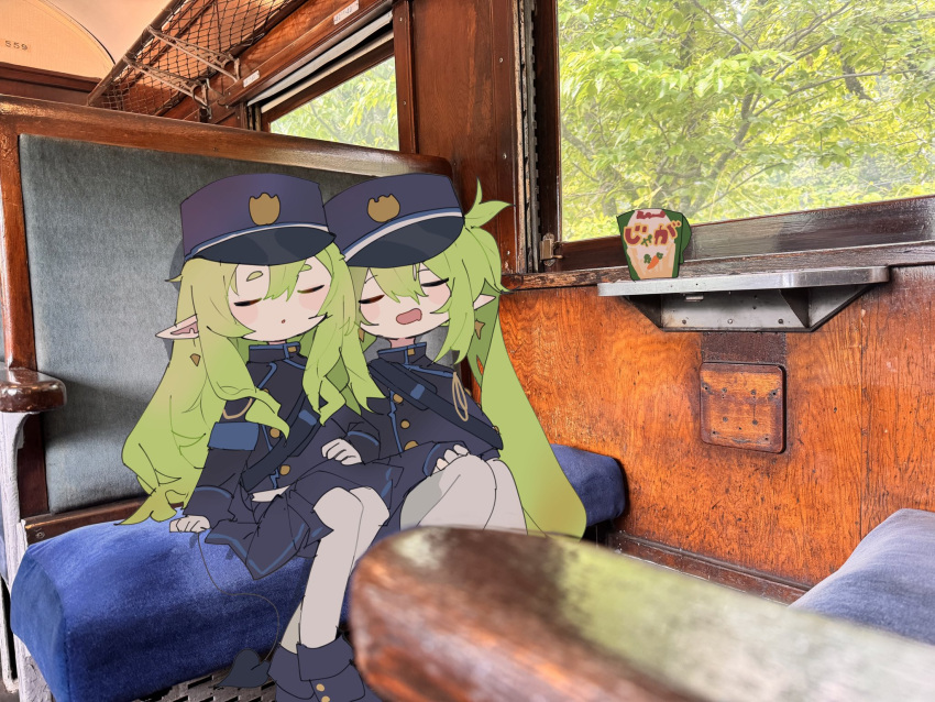 2girls, blue_archive, byako_(srktn), closed_eyes, gloves, green_hair, hat, highres