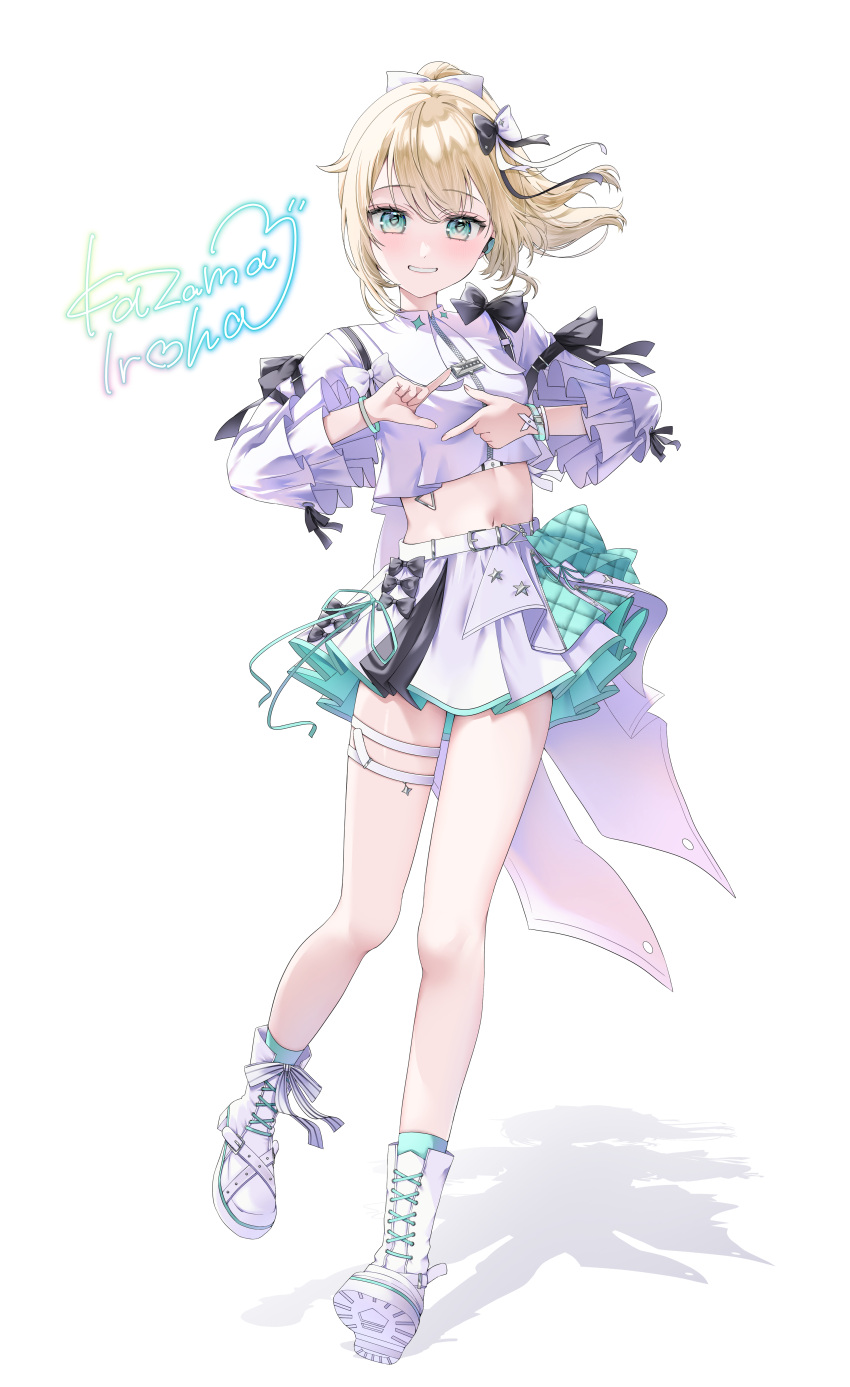 1girl, absurdres, blonde_hair, boots, bow, character_name, coattails, commentary_request