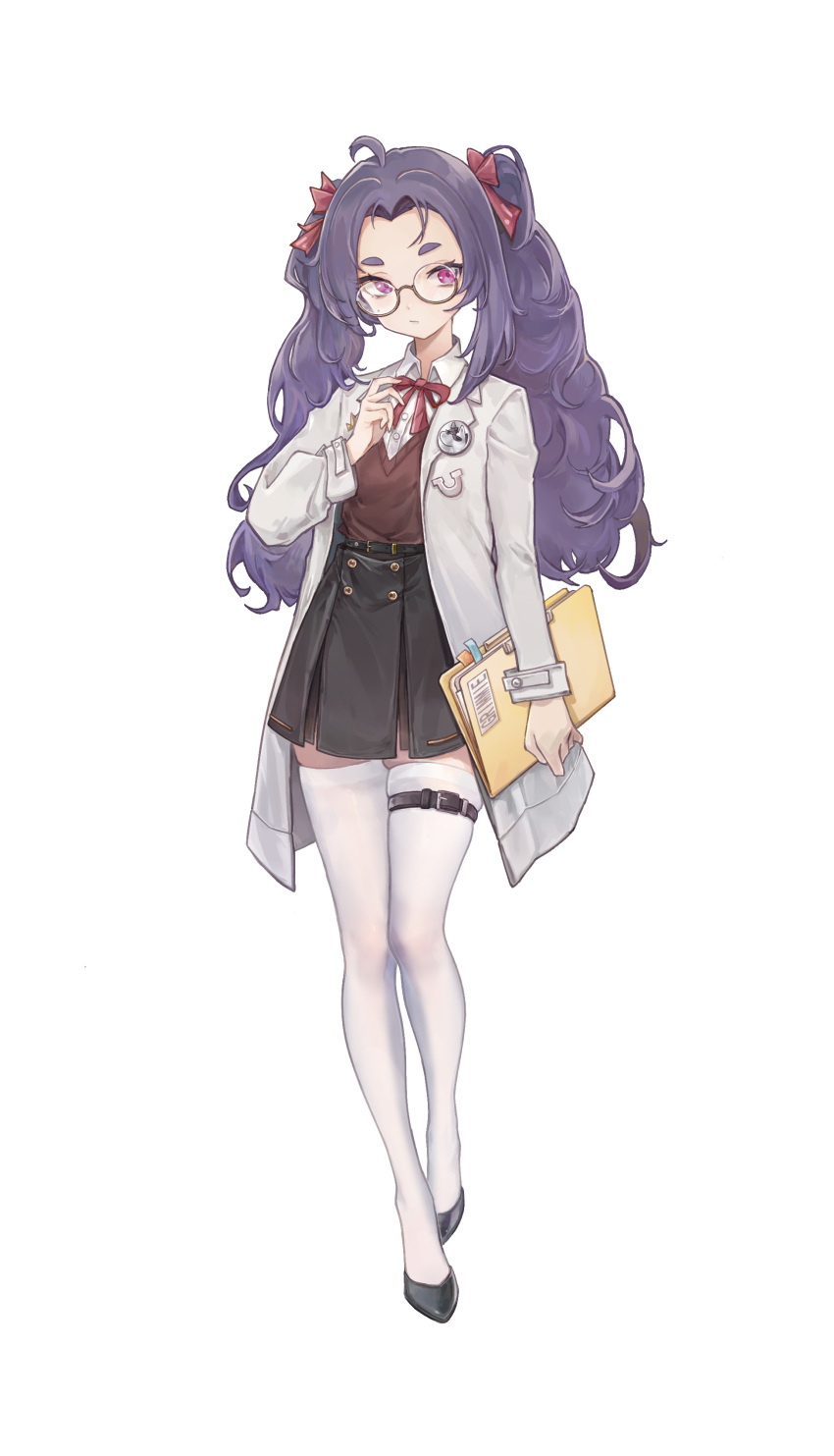 1girl, absurdres, black_shoes, black_skirt, coat, full_body, grey_coat, highres, holding_file, longtaoshifu, looking_to_the_side, mole, mole_under_eye, open_clothes, open_coat, original, pink_eyes, purple_hair, red_ribbon, red_sweater_vest, ribbon, round_eyewear, semi-rimless_eyewear, shirt, shoes, simple_background, skirt, solo, sweater_vest, thigh-highs, thigh_strap, twintails, wavy_hair, white_background, white_shirt, white_thighhighs