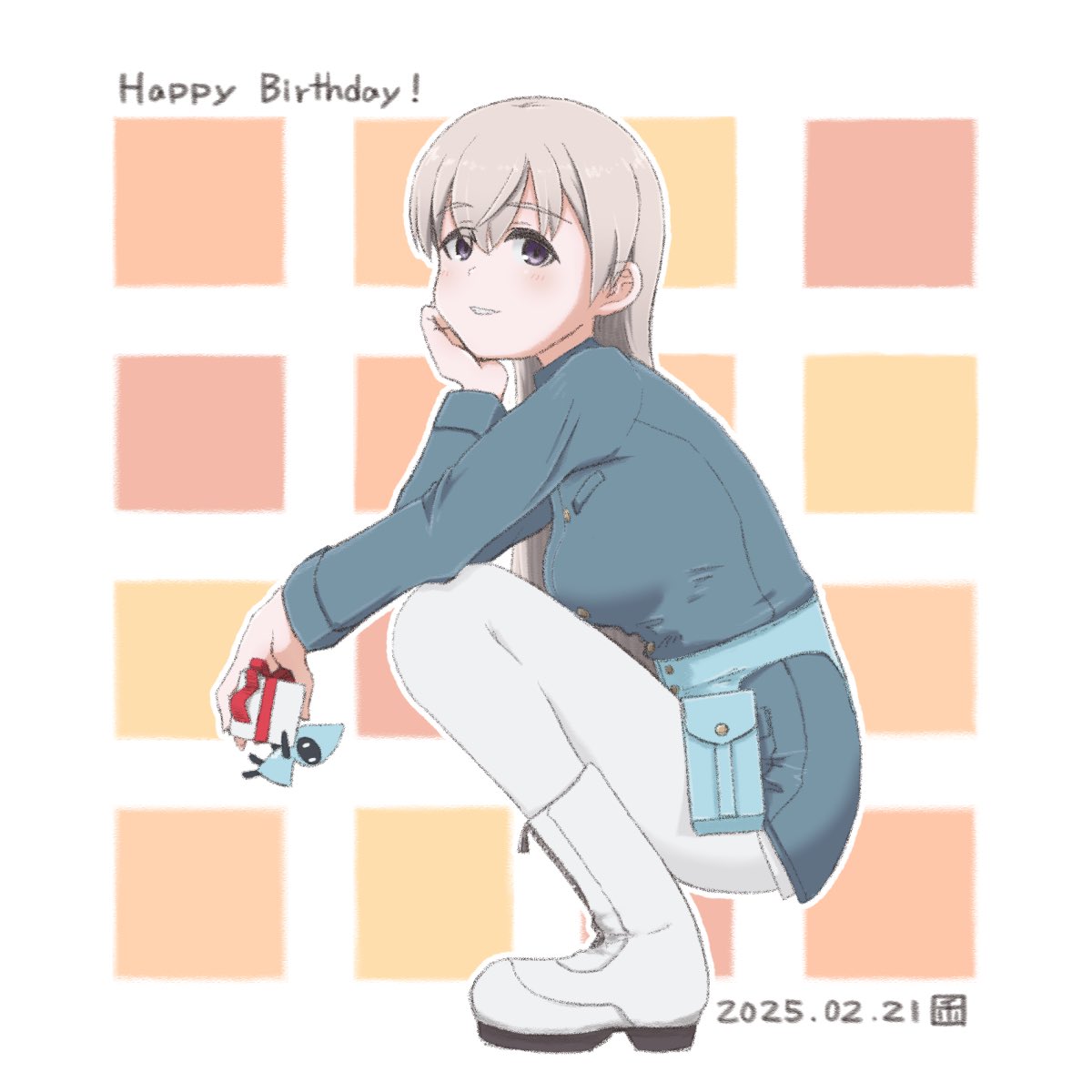 1girl, blue_jacket, blush, boots, box, breasts, christmas_elf, eila_ilmatar_juutilainen