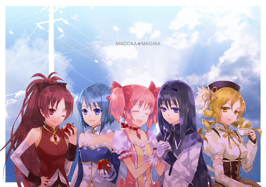 :d, :o, akemi_homura, apple, bare_shoulders, beret, blonde_hair, blue_eyes, blue_hair, bow, breasts, cape, choker, closed_eyes, cloud, collarbone, corset, cup, detached_sleeves, drill_hair, fingerless_gloves, flat_chest, food, frills, fruit, gloves, hair_bow, hair_ornament, hairpin, hand_on_hip, hands_clasped, happy, hat, holding_hands, kaname_madoka, light_particles, light_smile, long_hair, magical_girl, mahou_shoujo_madoka_magica, midorigawa_akari, miki_sayaka, multiple_girls, open_mouth, pink_hair, ponytail, power_lines, puffy_sleeves, purple_eyes, purple_hair, red_eyes, red_hair, ribbon, ribbon_choker, sakura_kyouko, short_hair, short_twintails, silhouette, sky, sleeveless, smile, soul_gem, taut_shirt, teacup, teeth, tomoe_mami, twin_drills, twintails, watermark, wink, yellow_eyes