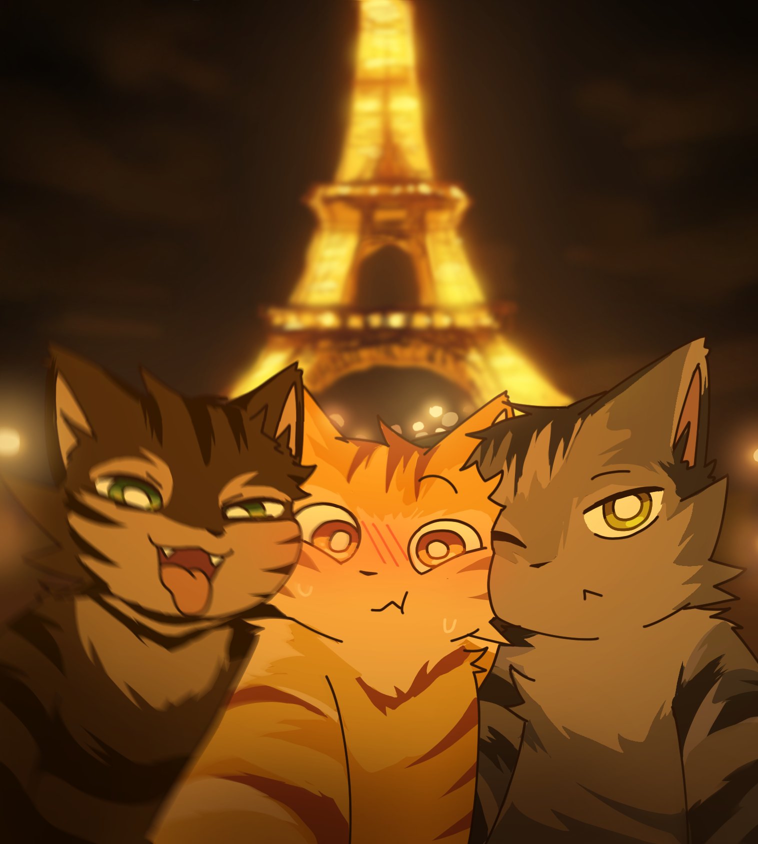 :3, ai-generated_art_(topic), blush, cat_boy, derivative_work, ear_tufts, eiffel_tower, fangs