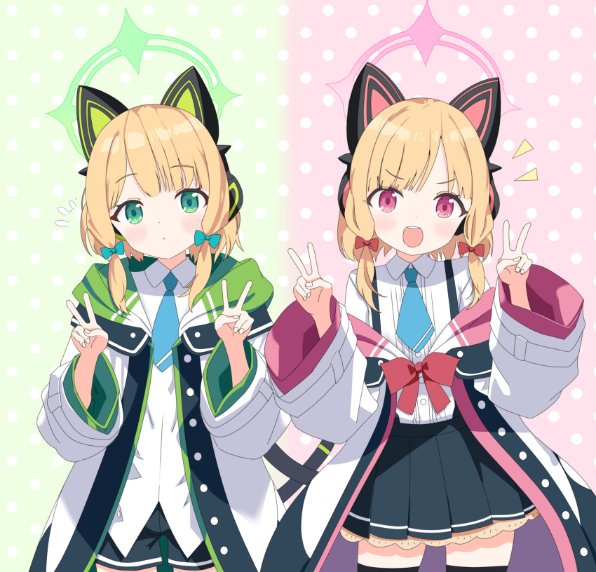 2girls, animal_ear_headphones, animal_ears, aqua_necktie, black_shorts, black_skirt, black_thighhighs, blonde_hair