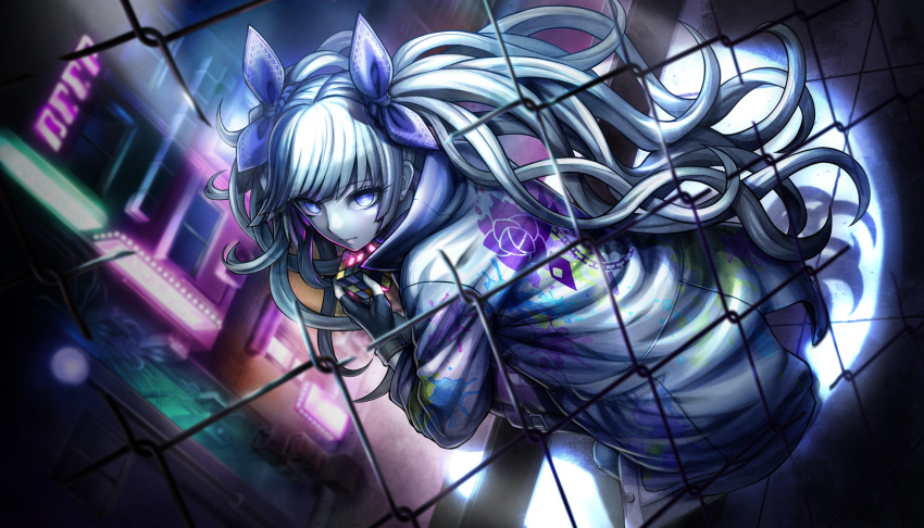 1girl, black_gloves, chain-link_fence, earrings, expressionless, fence, fingerless_gloves, from_behind