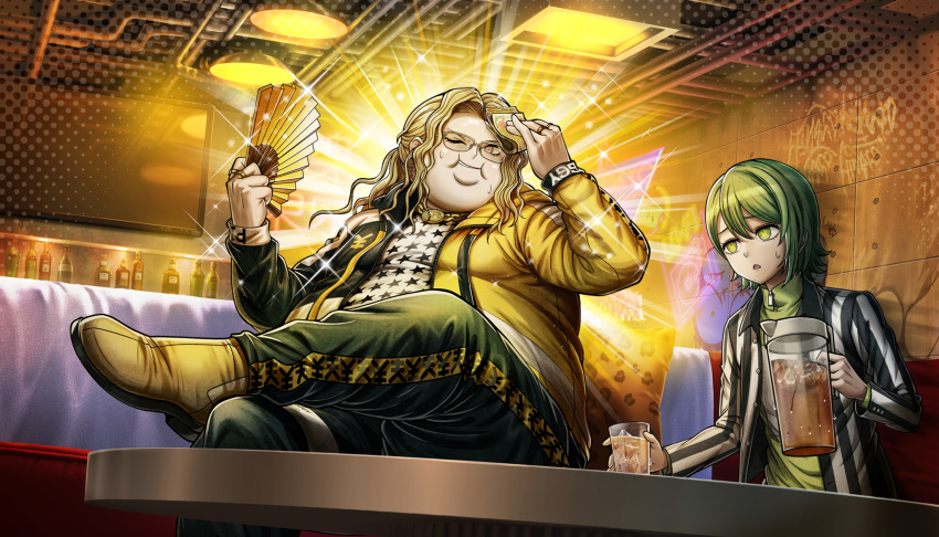2boys, blonde_hair, couch, fat, glasses, green_eyes, green_hair, grin, hair_between_eyes, hand_fan, highres, holding, holding_fan, holding_money, holding_pitcher, jacket, jewelry, kohinata_koishi, long_hair, looking_at_another, looking_at_viewer, male_focus, money, multicolored_jacket, multiple_boys, non-web_source, official_art, orange_eyes, pitcher_(container), ponytail, ring, shirt, short_hair, smile, star_(symbol), star_print, sweat, sweatdrop, todoroki_eiji_(tribe_nine), tribe_nine, white_shirt