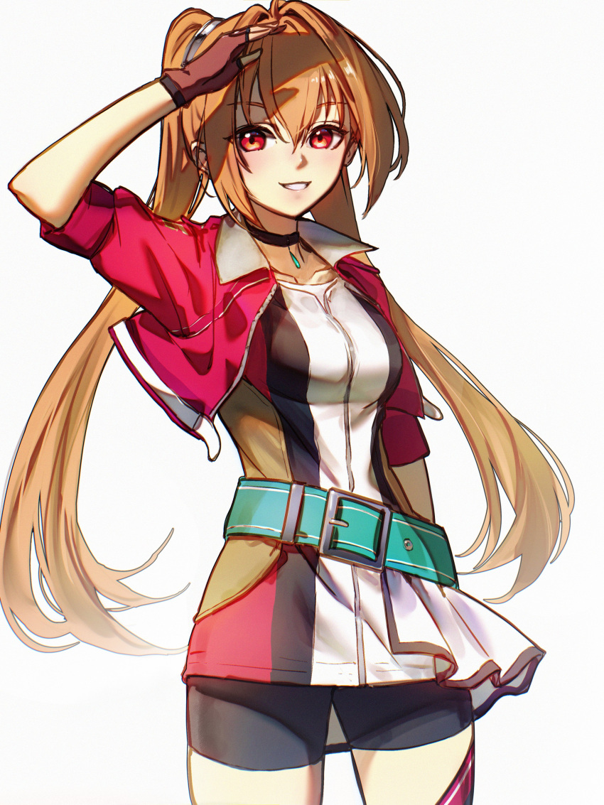absurdres, ahoge, antenna_hair, bike_shorts, breasts, brown_hair, cowboy_shot, cropped_jacket