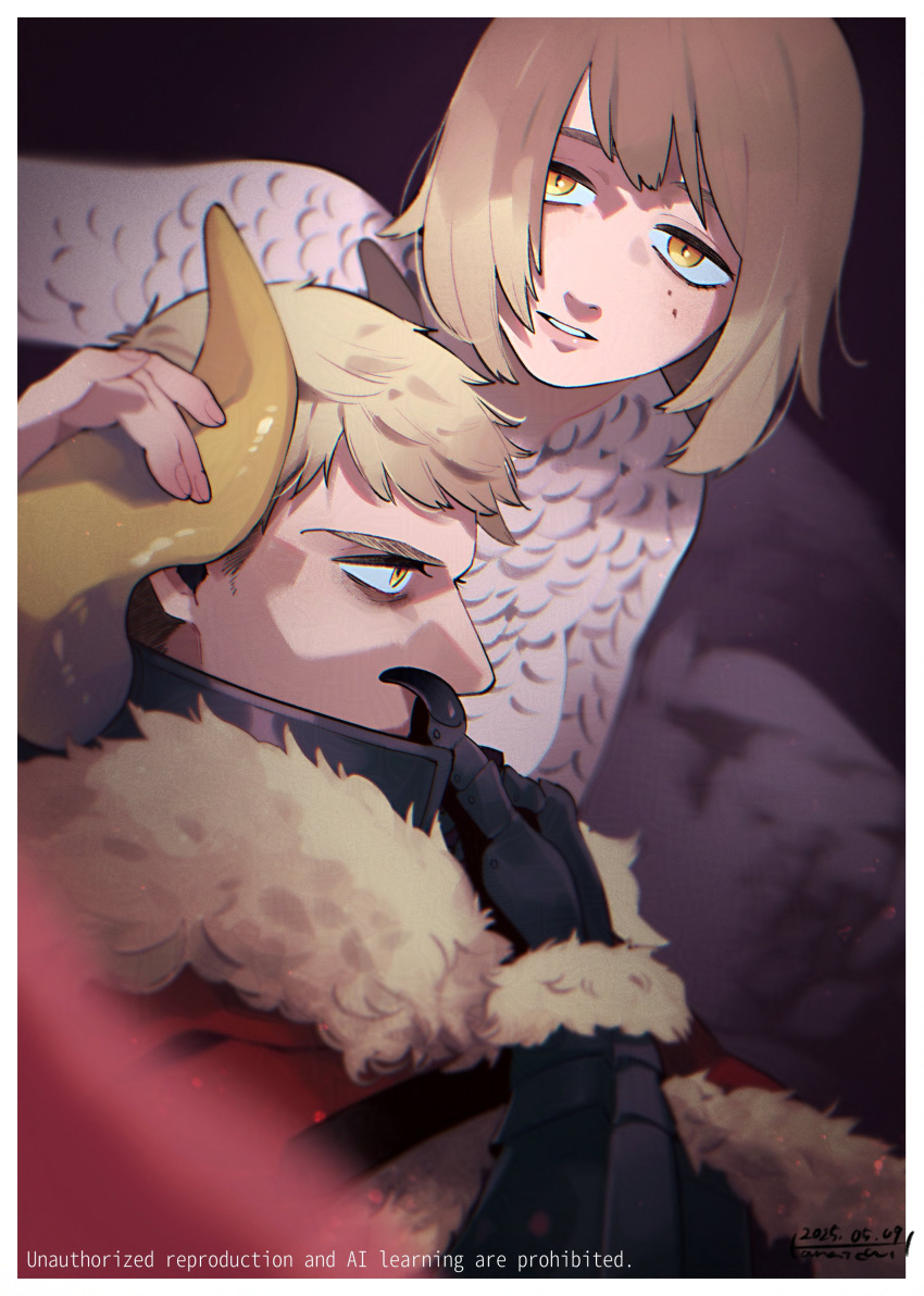 1boy, 1girl, absurdres, alternate_universe, armor, black_armor, border, brother_and_sister