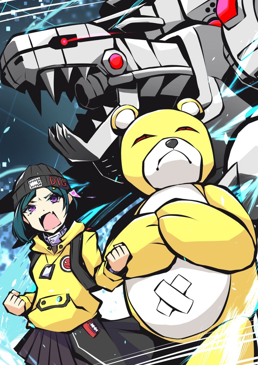 1girl, beanie, black_hat, black_skirt, character_request, clenched_hands, copyright_request, cowboy_shot
