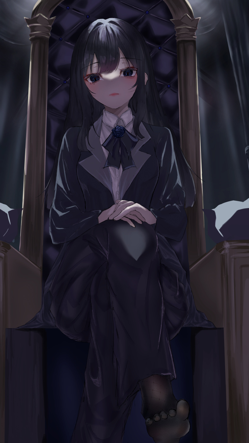 1girl, absurdres, ado_(utaite), black_eyes, black_hair, black_pants, black_pantyhose, chair, chando_(ado), closed_mouth, commentary_request, crossed_legs, highres, long_hair, long_sleeves, looking_at_viewer, mole, mole_under_eye, no_shoes, pants, pantyhose, pantyhose_under_pants, sidelocks, sitting, solo, utaite, yuuxmm_v