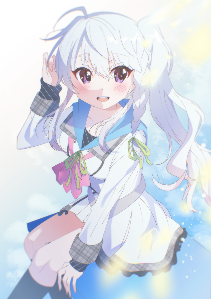 1girl, 9-nine-, :d, ahoge, belt, black_socks, bow, bowtie