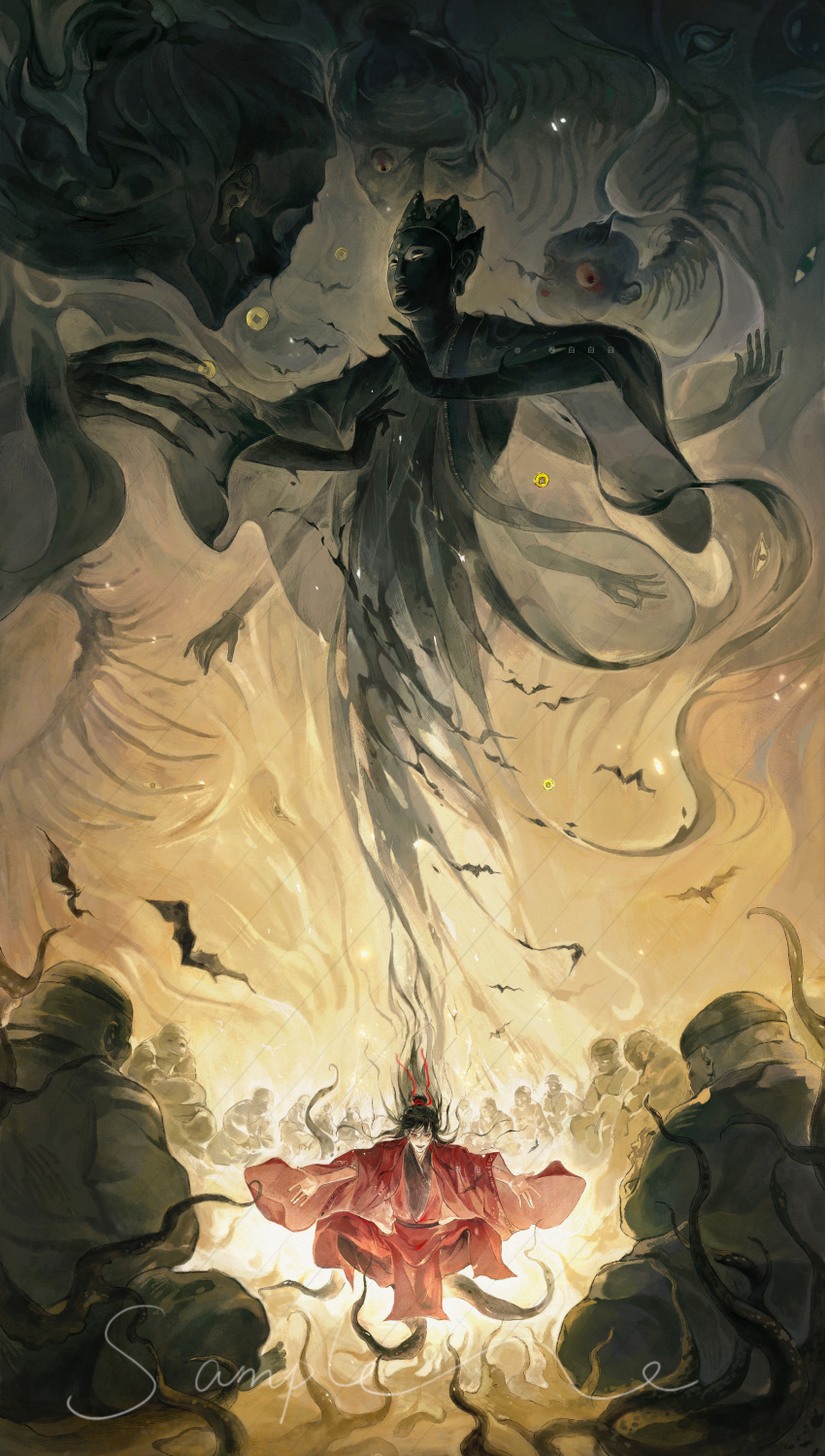 1boy, 6+others, absurdres, artist_name, bird, black_hair, black_hanfu, black_skin