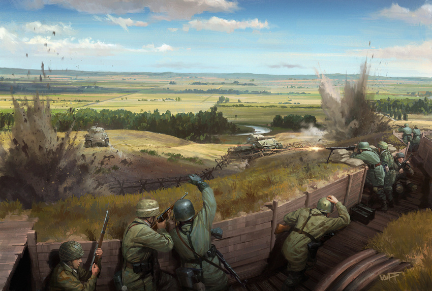 bipod, blue_sky, bolt_action, czech_hedgehog, darren_tan, day, explosion, firing