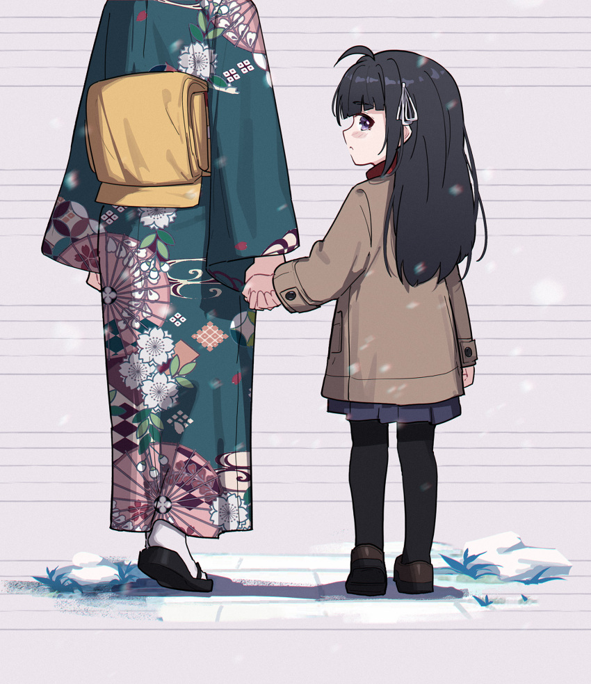 2girls, aged_down, ahoge, awa_subaru, awa_tendo, black_hair, black_pantyhose, blue_kimono