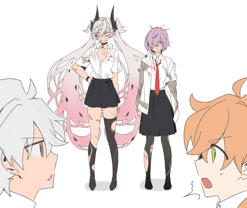 2boys, 2girls, agata720, alternate_costume, black_choker, black_skirt, blood, brown_eyes