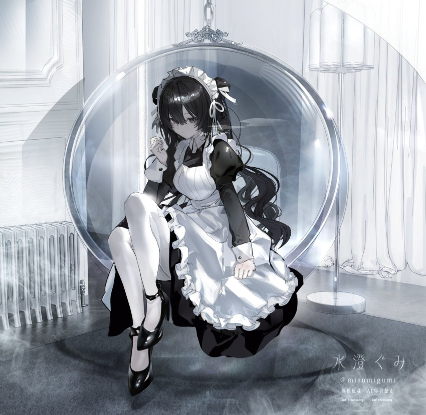 1girl, apron, ball_chair, black_dress, black_hair, black_shoes, breasts, closed_mouth