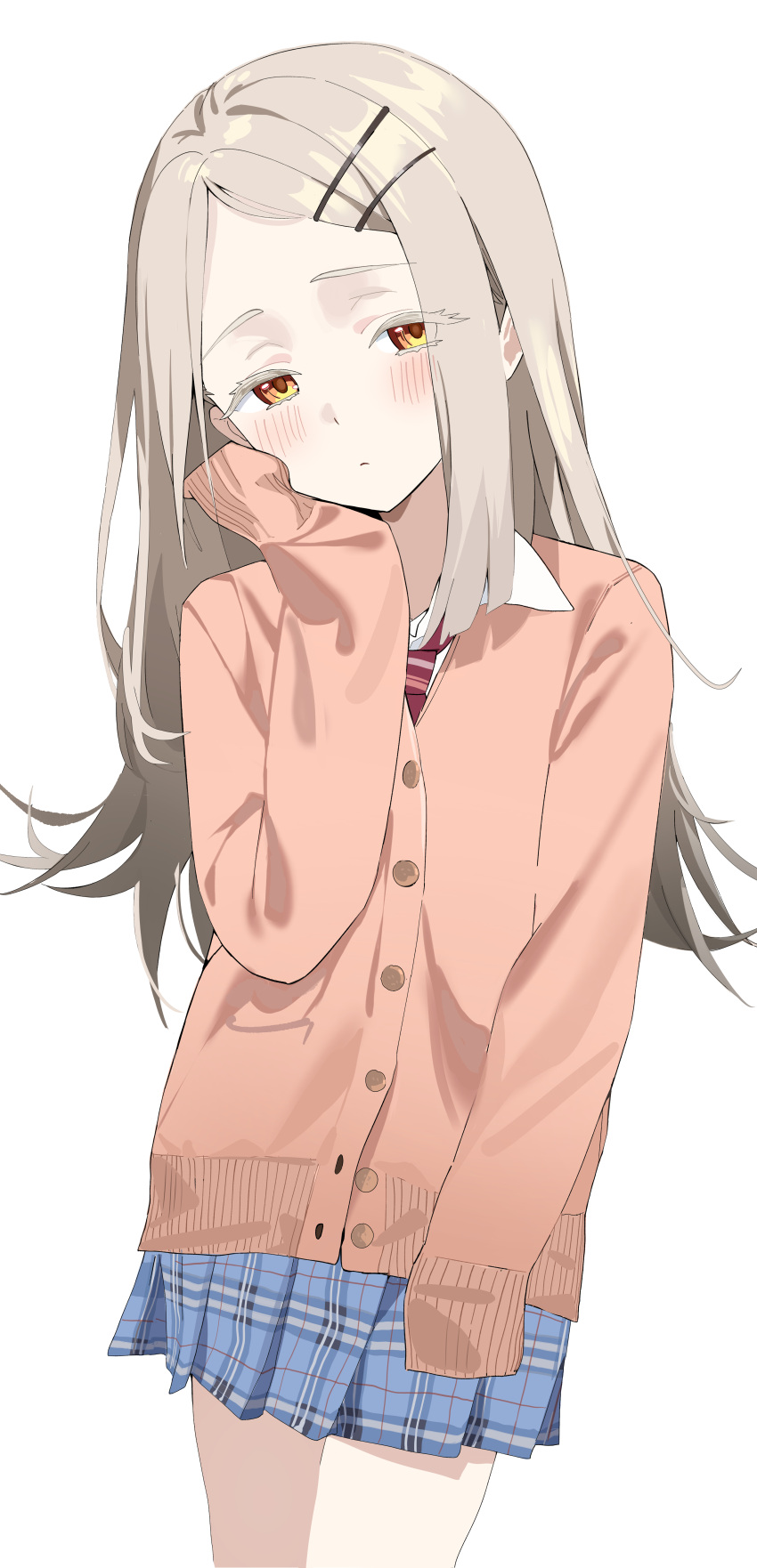 1girl, absurdres, aweqdre, blonde_hair, blue_skirt, blush, cardigan, closed_mouth