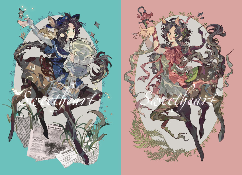 1girl, :d, animal_ears, arm_up, blue_hat, blue_shirt, brown_hair, centauroid